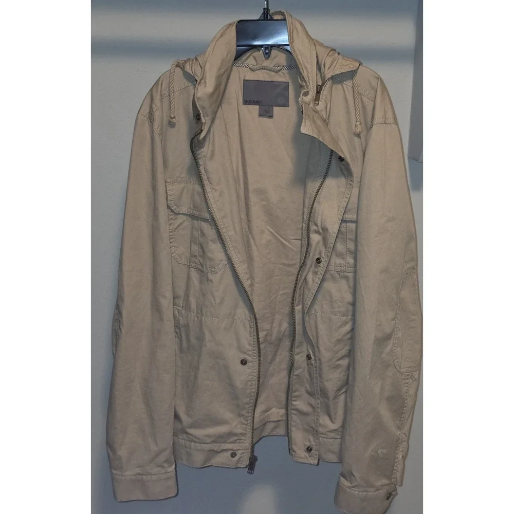 Old Navy Mens Jacket Large Tan Hooded Utility Cargo‎ Pockets Casual Cotton Blend